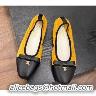 Big Discount Chanel Suede & Calfskin Ballet Flats with Bow Yellow 2025 CH090202