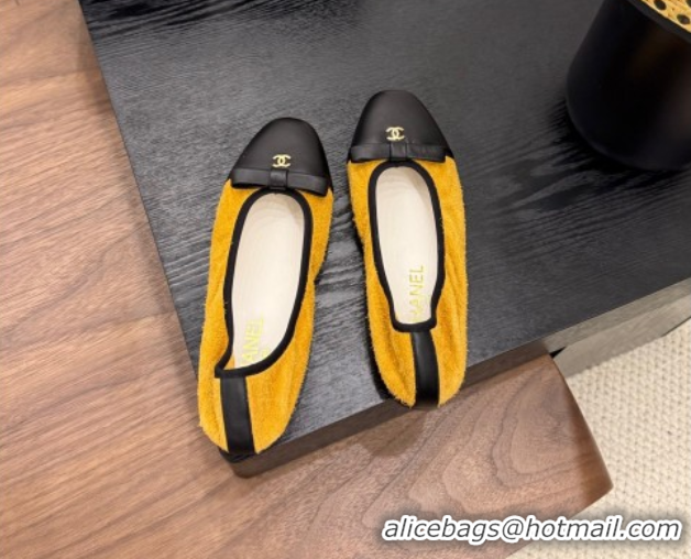 Big Discount Chanel Suede & Calfskin Ballet Flats with Bow Yellow 2025 CH090202