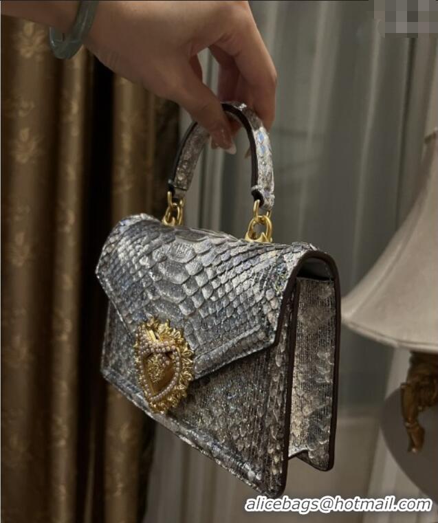 Best Quality Dolce&Gabbana Small Devotion Crossbody Bag in Python Skin with Top Handle D1924 Grey/Silver 2025