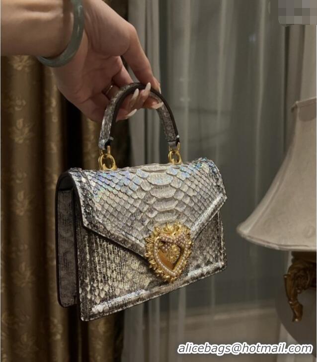 Best Quality Dolce&Gabbana Small Devotion Crossbody Bag in Python Skin with Top Handle D1924 Grey/Silver 2025