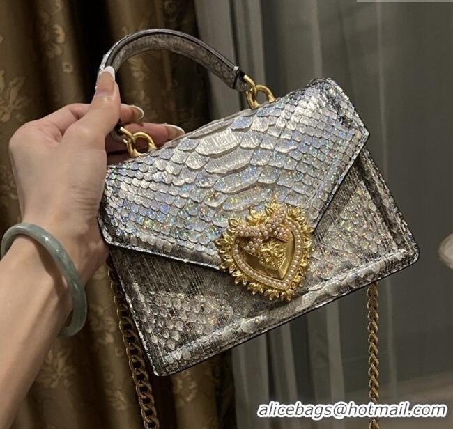 Best Quality Dolce&Gabbana Small Devotion Crossbody Bag in Python Skin with Top Handle D1924 Grey/Silver 2025