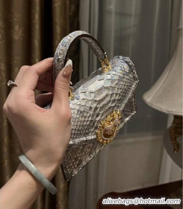 Best Quality Dolce&Gabbana Small Devotion Crossbody Bag in Python Skin with Top Handle D1924 Grey/Silver 2025