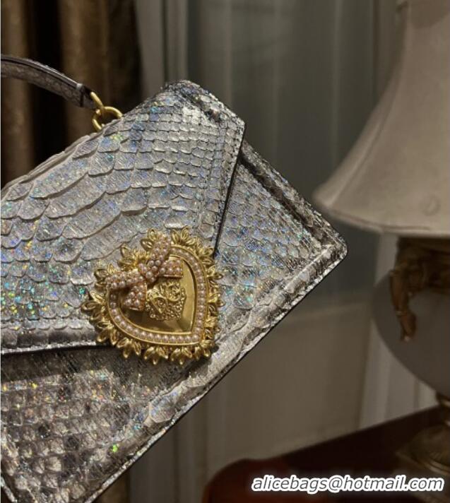 Best Quality Dolce&Gabbana Small Devotion Crossbody Bag in Python Skin with Top Handle D1924 Grey/Silver 2025