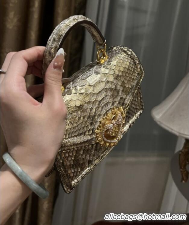 Inexpensive Dolce&Gabbana Small Devotion Crossbody Bag in Python Skin with Top Handle D1924 Grey/Gold 2025