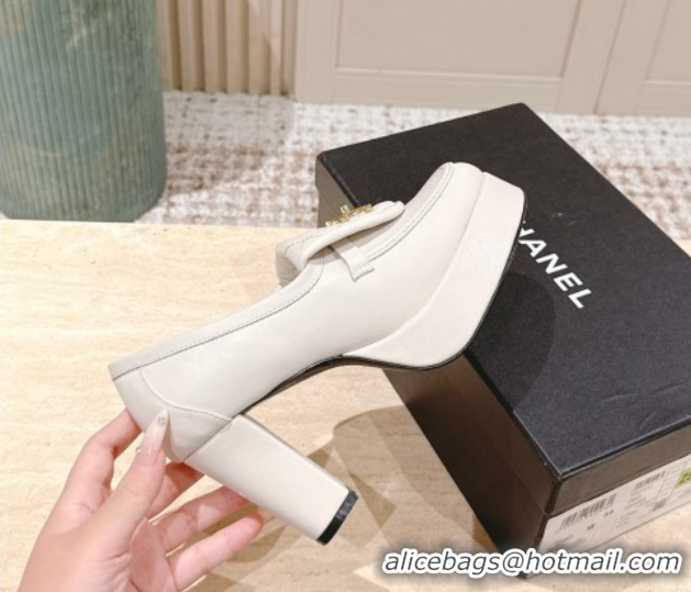 Popular Style Chanel Lambskin Platform Pumps 9cm with CC Foldover White G46692