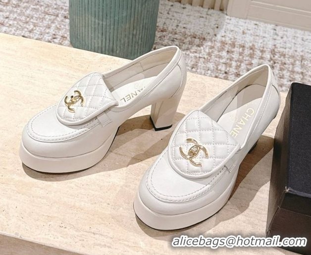 Popular Style Chanel Lambskin Platform Pumps 9cm with CC Foldover White G46692