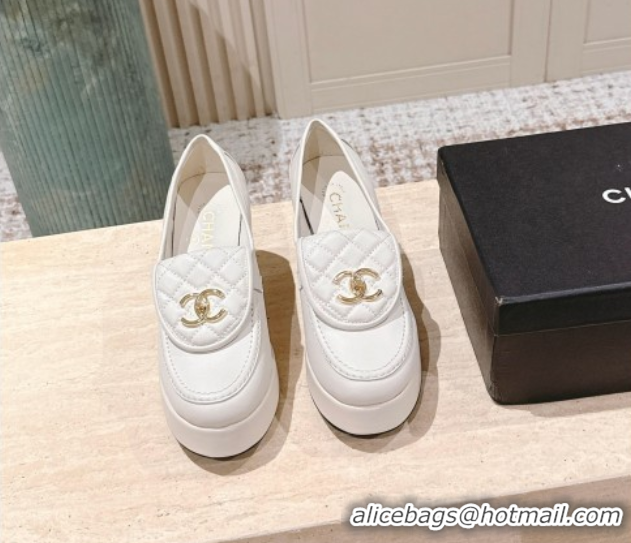Popular Style Chanel Lambskin Platform Pumps 9cm with CC Foldover White G46692