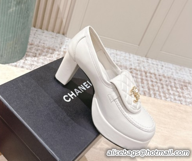 Popular Style Chanel Lambskin Platform Pumps 9cm with CC Foldover White G46692