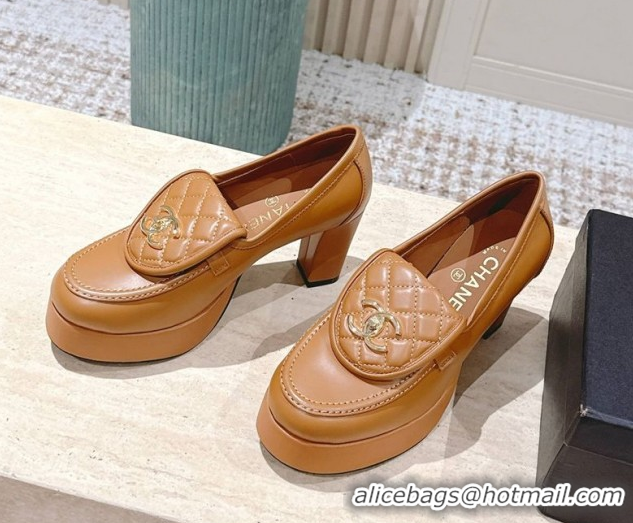 Pretty Style Chanel Lambskin Platform Pumps 9cm with CC Foldover Brown 2025 G46692
