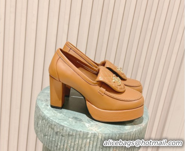 Pretty Style Chanel Lambskin Platform Pumps 9cm with CC Foldover Brown 2025 G46692