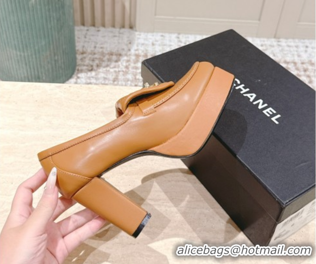 Pretty Style Chanel Lambskin Platform Pumps 9cm with CC Foldover Brown 2025 G46692