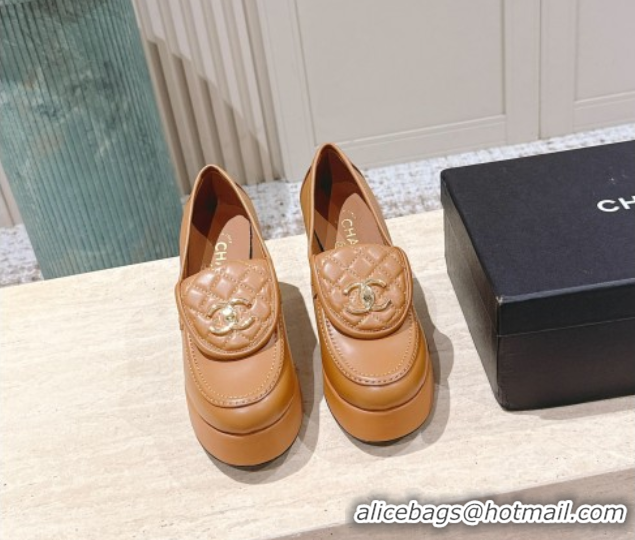 Pretty Style Chanel Lambskin Platform Pumps 9cm with CC Foldover Brown 2025 G46692