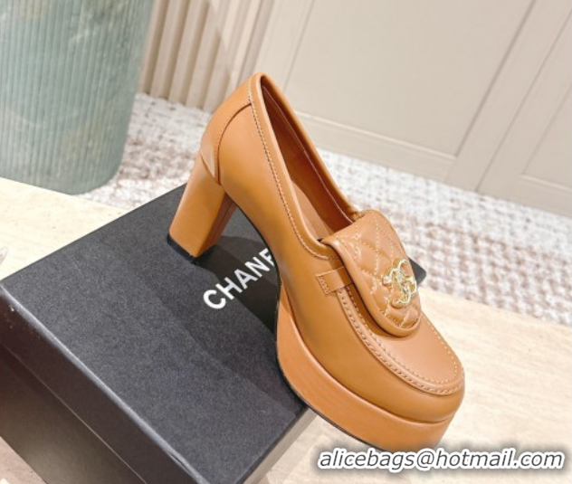Pretty Style Chanel Lambskin Platform Pumps 9cm with CC Foldover Brown 2025 G46692