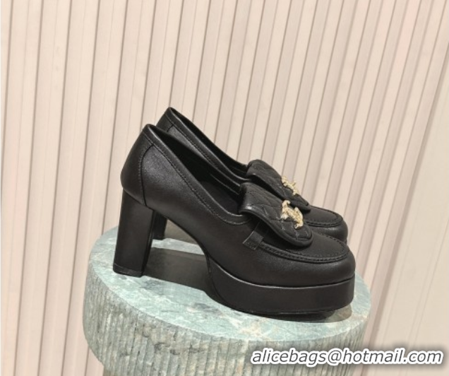Classic Hot Chanel Lambskin Platform Pumps 9cm with CC Foldover Black 2025 G46692