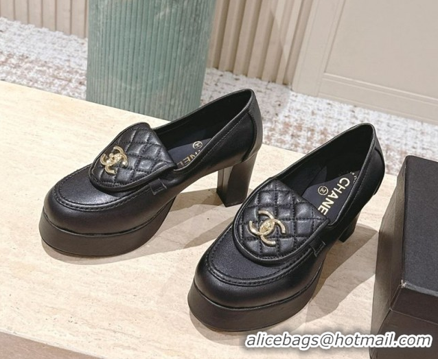Classic Hot Chanel Lambskin Platform Pumps 9cm with CC Foldover Black 2025 G46692
