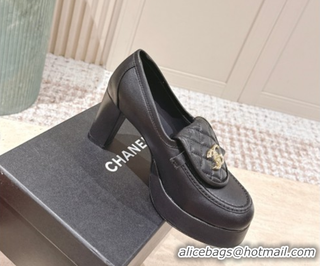 Classic Hot Chanel Lambskin Platform Pumps 9cm with CC Foldover Black 2025 G46692