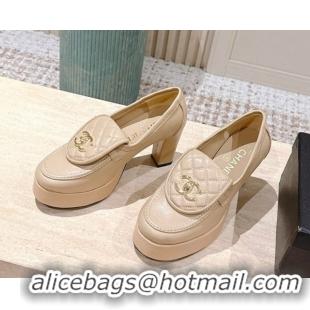 Best Grade Chanel Lambskin Platform Pumps 9cm with CC Foldover Beige 2025 G46692