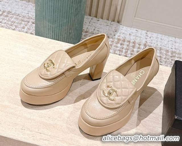 Best Grade Chanel Lambskin Platform Pumps 9cm with CC Foldover Beige 2025 G46692