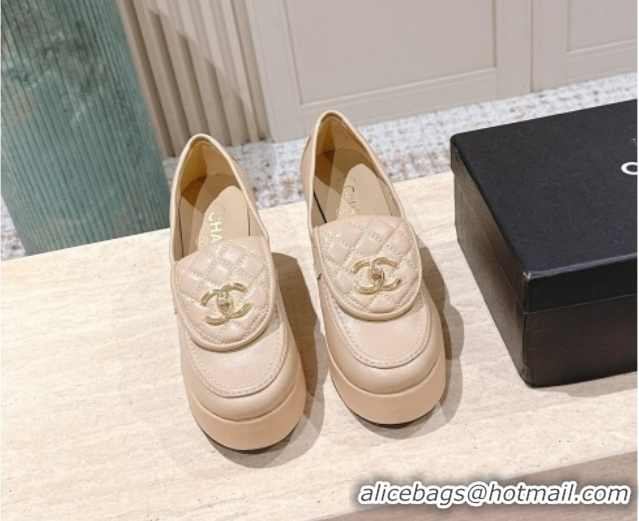 Best Grade Chanel Lambskin Platform Pumps 9cm with CC Foldover Beige 2025 G46692