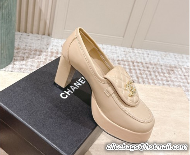 Best Grade Chanel Lambskin Platform Pumps 9cm with CC Foldover Beige 2025 G46692