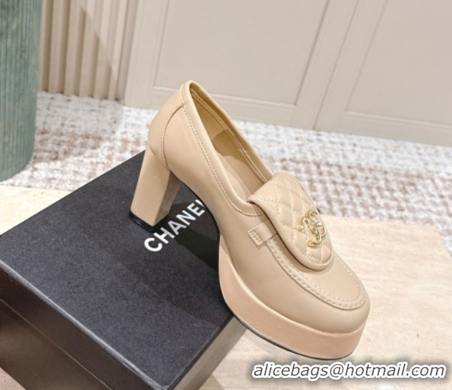 Best Grade Chanel Lambskin Platform Pumps 9cm with CC Foldover Beige 2025 G46692