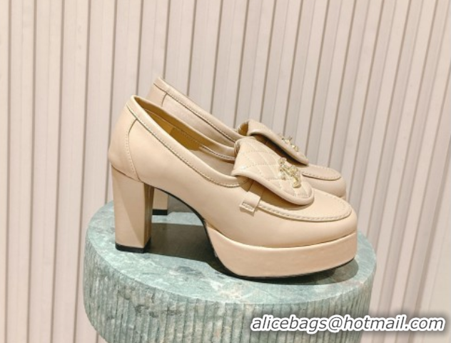 Best Grade Chanel Lambskin Platform Pumps 9cm with CC Foldover Beige 2025 G46692