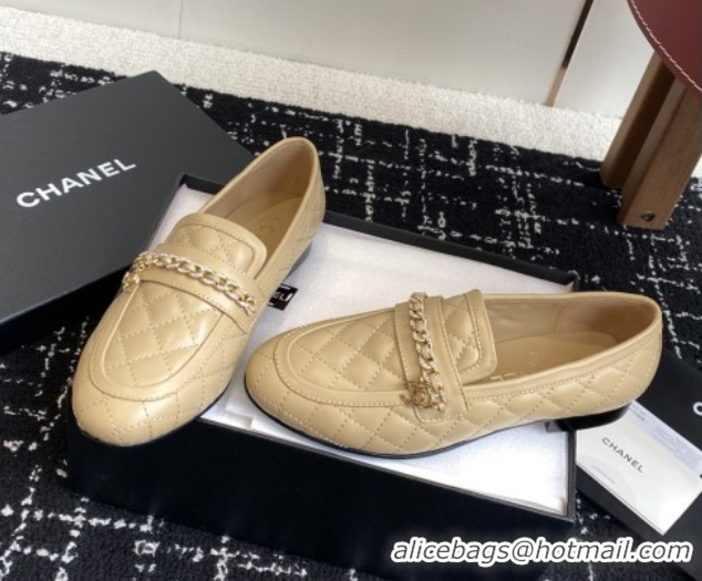 Most Popular Chanel Diamond-Quilted Calfskin Loafers with Chain CH9331 Beige