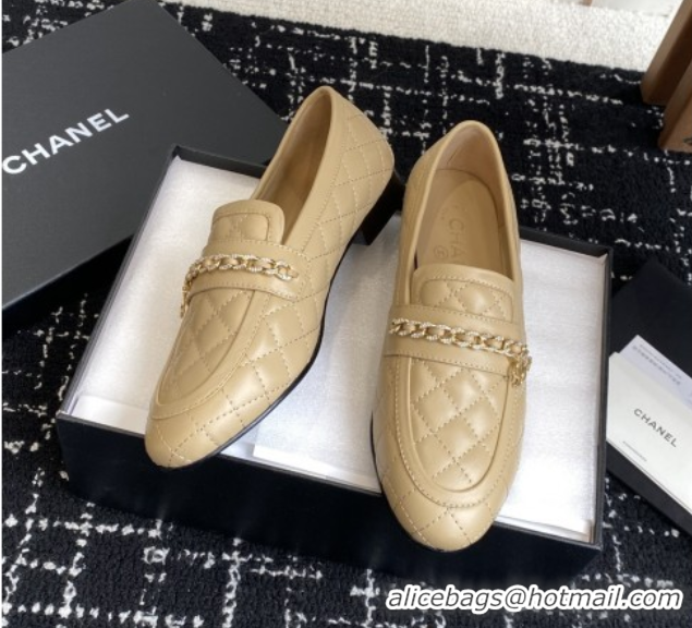 Most Popular Chanel Diamond-Quilted Calfskin Loafers with Chain CH9331 Beige