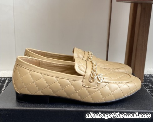 Most Popular Chanel Diamond-Quilted Calfskin Loafers with Chain CH9331 Beige