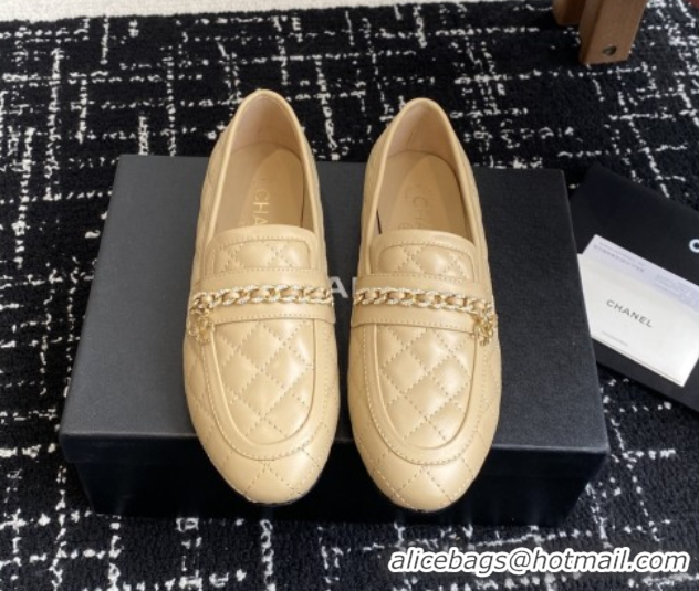 Most Popular Chanel Diamond-Quilted Calfskin Loafers with Chain CH9331 Beige