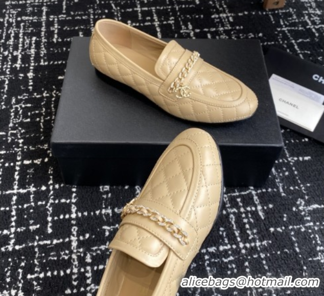 Most Popular Chanel Diamond-Quilted Calfskin Loafers with Chain CH9331 Beige