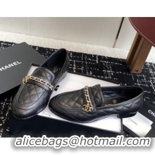 Low Price Chanel Diamond-Quilted Calfskin Loafers with Chain CH9332 Black