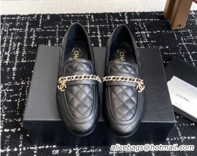 Low Price Chanel Diamond-Quilted Calfskin Loafers with Chain CH9332 Black