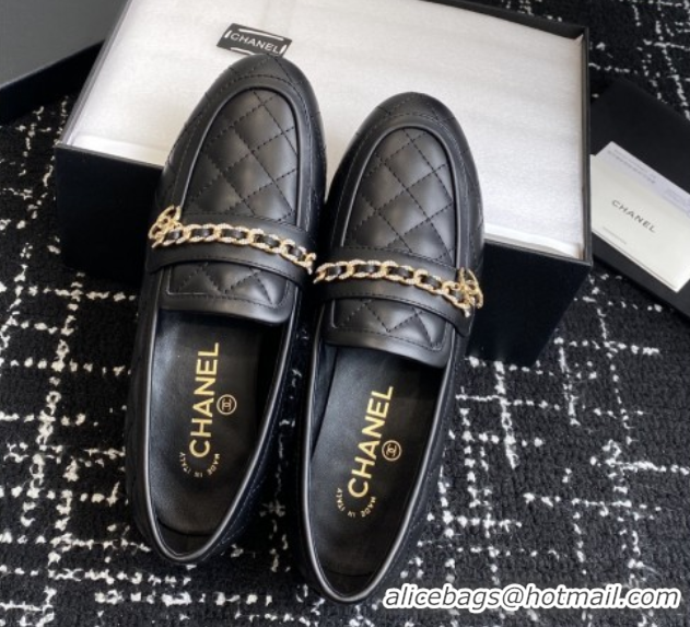 Low Price Chanel Diamond-Quilted Calfskin Loafers with Chain CH9332 Black