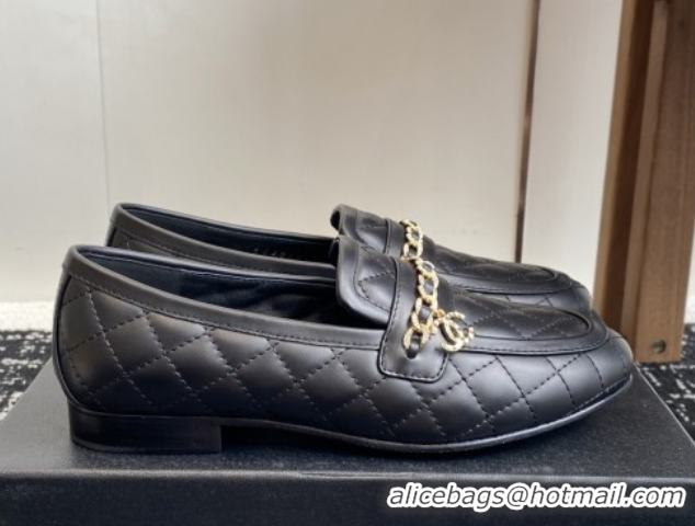 Low Price Chanel Diamond-Quilted Calfskin Loafers with Chain CH9332 Black