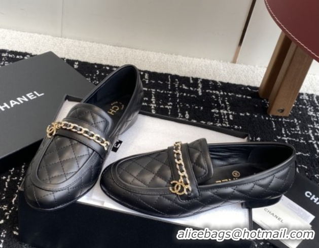 Low Price Chanel Diamond-Quilted Calfskin Loafers with Chain CH9332 Black