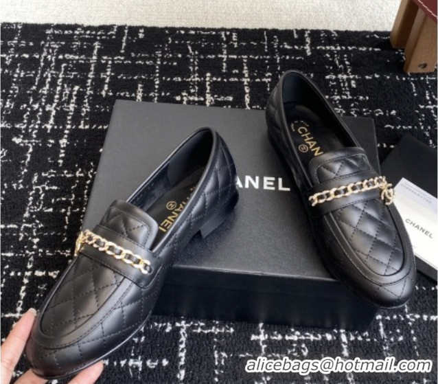 Low Price Chanel Diamond-Quilted Calfskin Loafers with Chain CH9332 Black