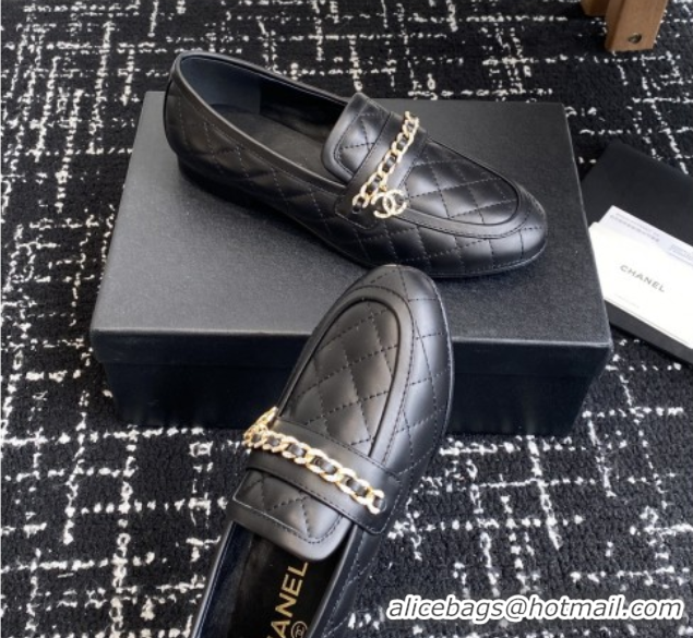 Low Price Chanel Diamond-Quilted Calfskin Loafers with Chain CH9332 Black