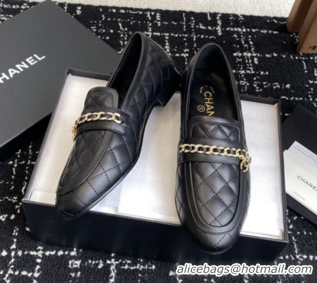Low Price Chanel Diamond-Quilted Calfskin Loafers with Chain CH9332 Black