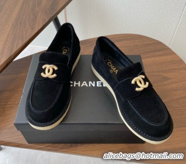 Shop Duplicate Chanel Suede Loafers CH9335 Black