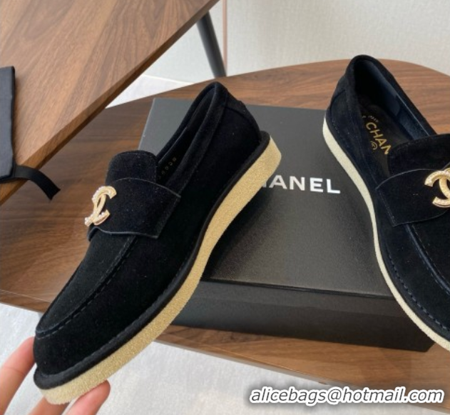 Shop Duplicate Chanel Suede Loafers CH9335 Black