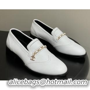 Sophisticated Chanel Calfskin Loafers with Chain CH9340 White