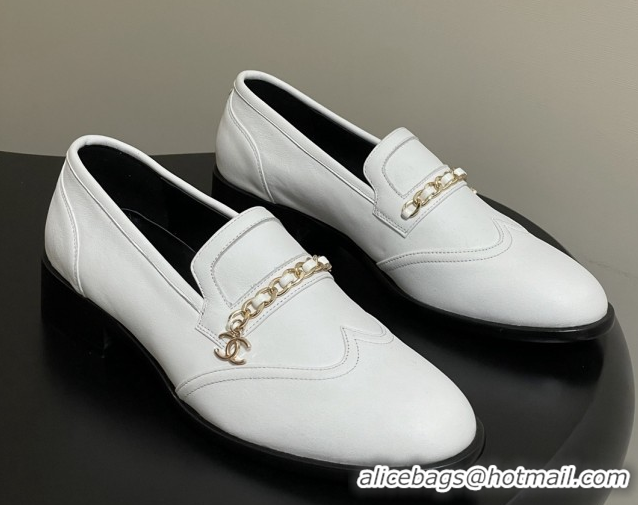 Sophisticated Chanel Calfskin Loafers with Chain CH9340 White