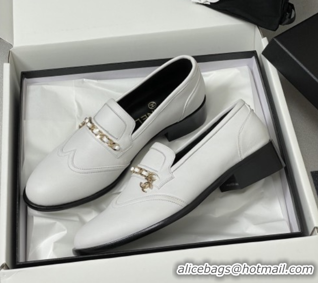 Sophisticated Chanel Calfskin Loafers with Chain CH9340 White