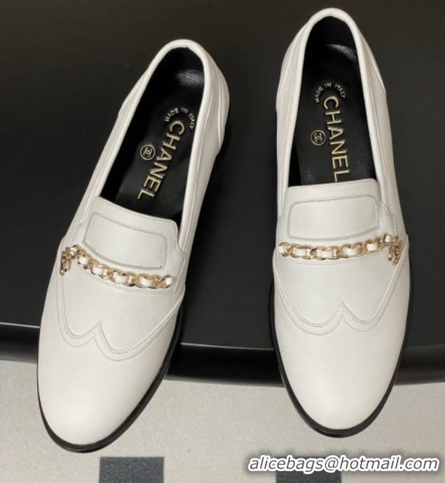 Sophisticated Chanel Calfskin Loafers with Chain CH9340 White