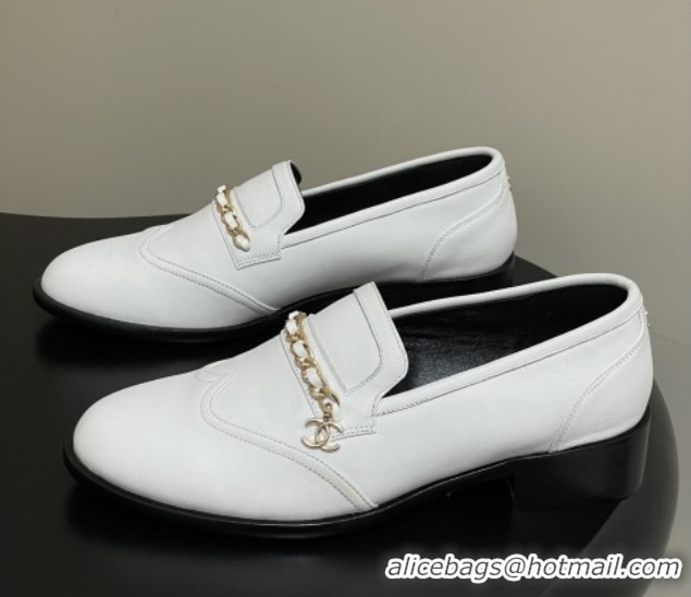 Sophisticated Chanel Calfskin Loafers with Chain CH9340 White