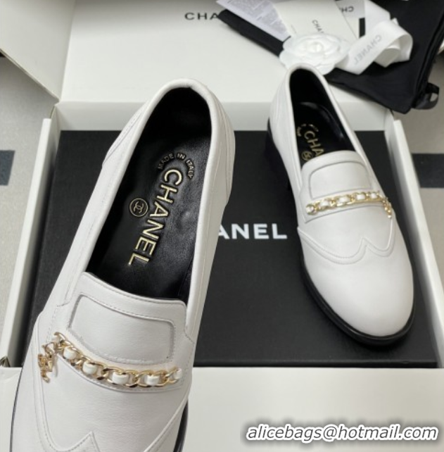 Sophisticated Chanel Calfskin Loafers with Chain CH9340 White