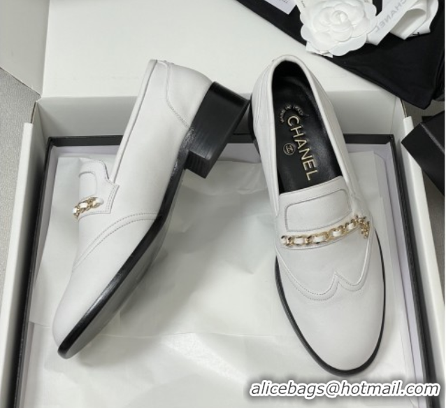 Sophisticated Chanel Calfskin Loafers with Chain CH9340 White