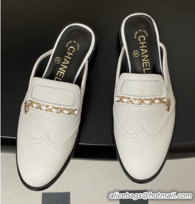 Charming Chanel Calfskin Mules with Chain CH9344 White