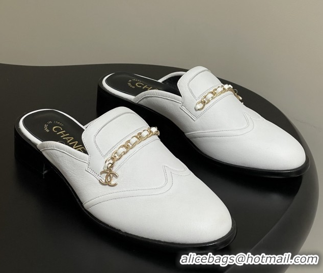 Charming Chanel Calfskin Mules with Chain CH9344 White